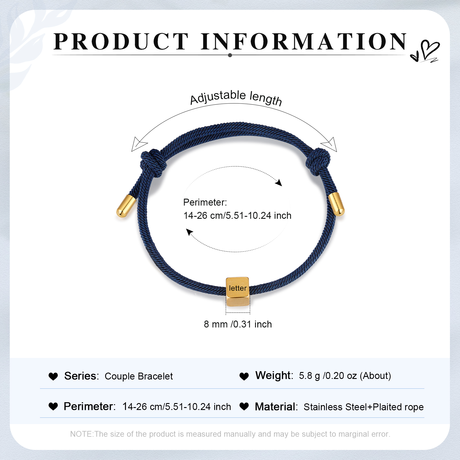 Bracelet Initiale 1 Lettre Personnalisée Noir pour Couple｜Jessemade