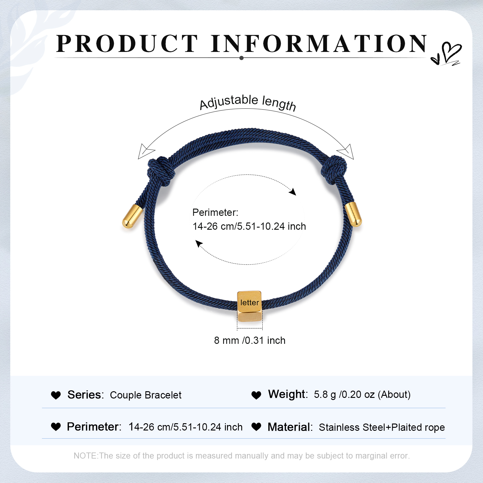 Bracelet Initiale 1 Lettre Personnalisée Noir pour Couple｜Jessemade