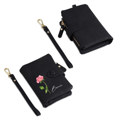 Portefeuille Fleur de naissance avec chaîne 1 Prénom Personnalisé Porte-Monnaie Carte pour Femmes cadeau pour femme anniversaire | Jessemade