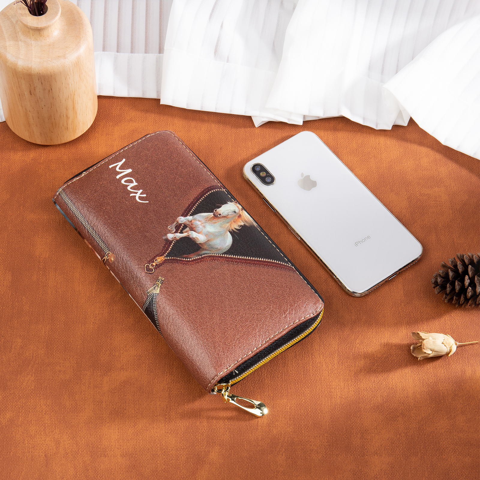 Portefeuille long en cuir PU cheval 1 Prénom personnalisé avec 4 photo