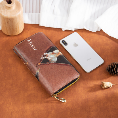 Portefeuille long en cuir PU cheval 1 Prénom personnalisé avec 4 photo