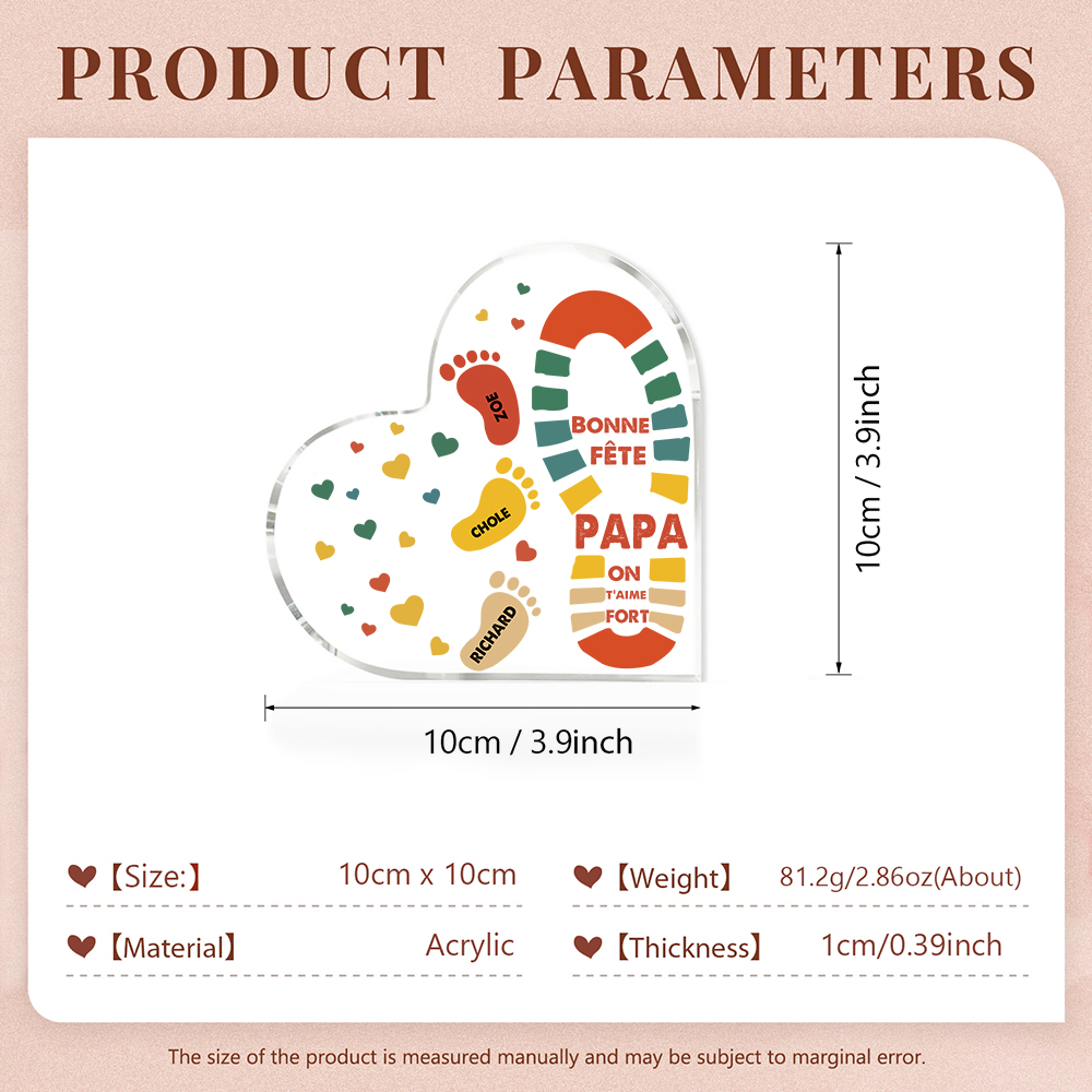 À mon Papa - Plaque Acrylique en Forme de Cœur Empreintes 3 Prénoms Personnalisés