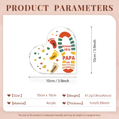 À mon Papa - Plaque Acrylique en Forme de Cœur Empreintes 3 Prénoms Personnalisés