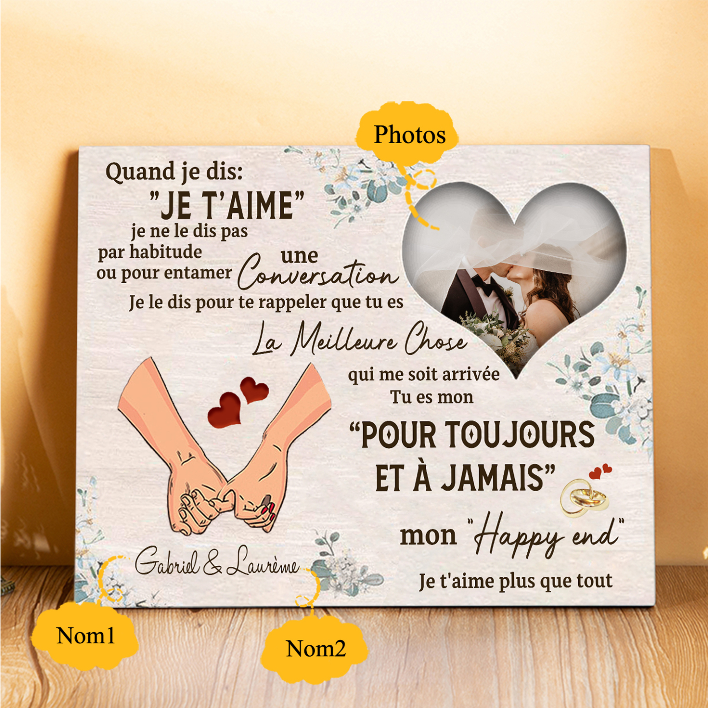 Cadre en Bois 2 Prénoms Personnalisés avec Photo pour Couple Cadeau Saint Valentin