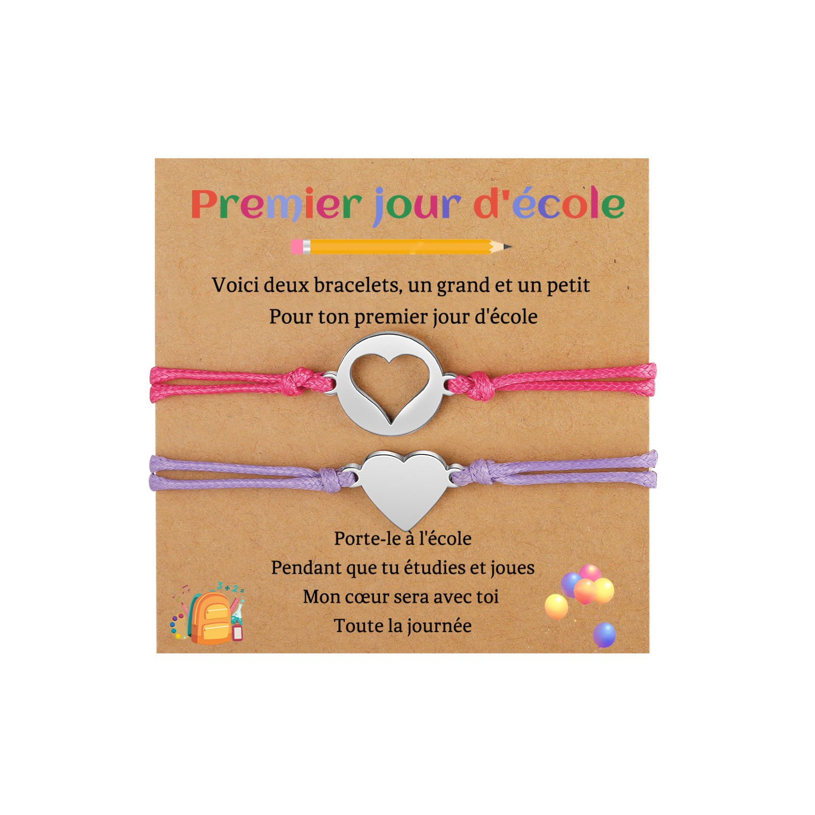 Jessemade FR 2PCS Ensemble de Bracelets Cœur - Cadeau Rentrée Scolaire Premier jour d’école