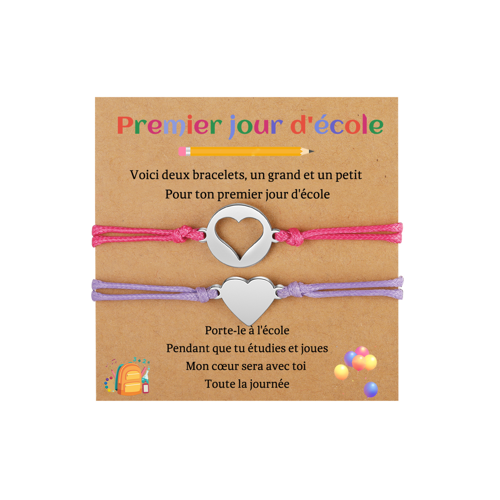 Jessemade FR 2PCS Ensemble de Bracelets Cœur - Cadeau Rentrée Scolaire Premier jour d’école