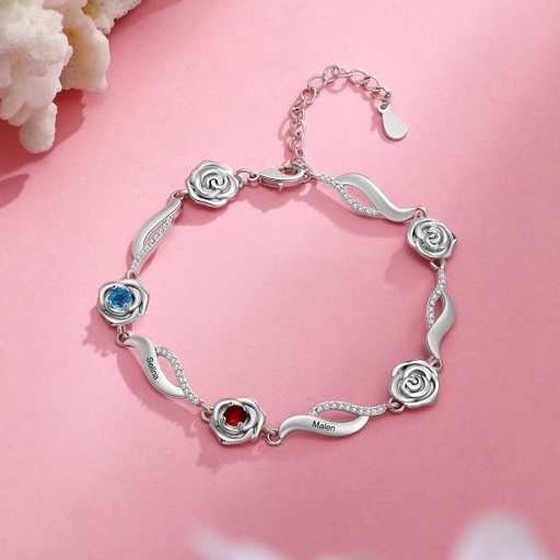 Bracelet Roses 2 Prénom Personnalisé avec 2 Pierre de Naissance