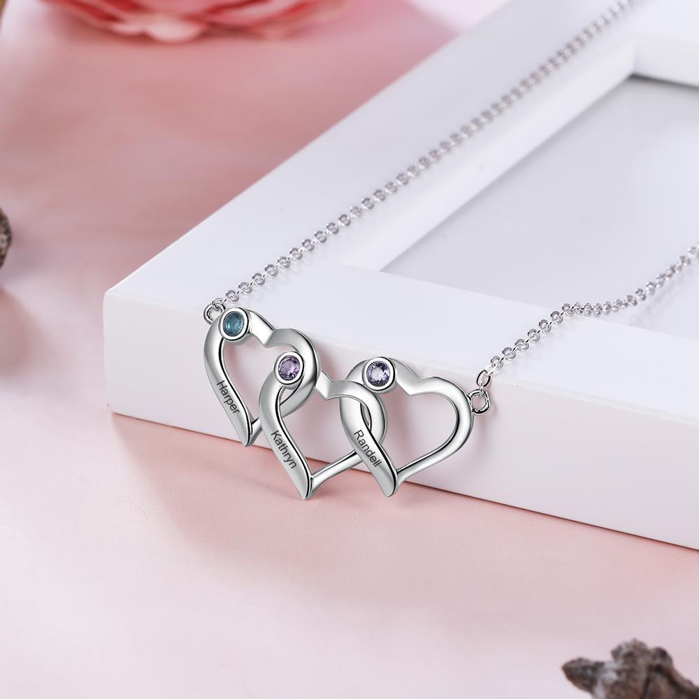 Collier Cœur 3 Prénoms Personnalisés Pendentif avec 3 Pierre de Naissance