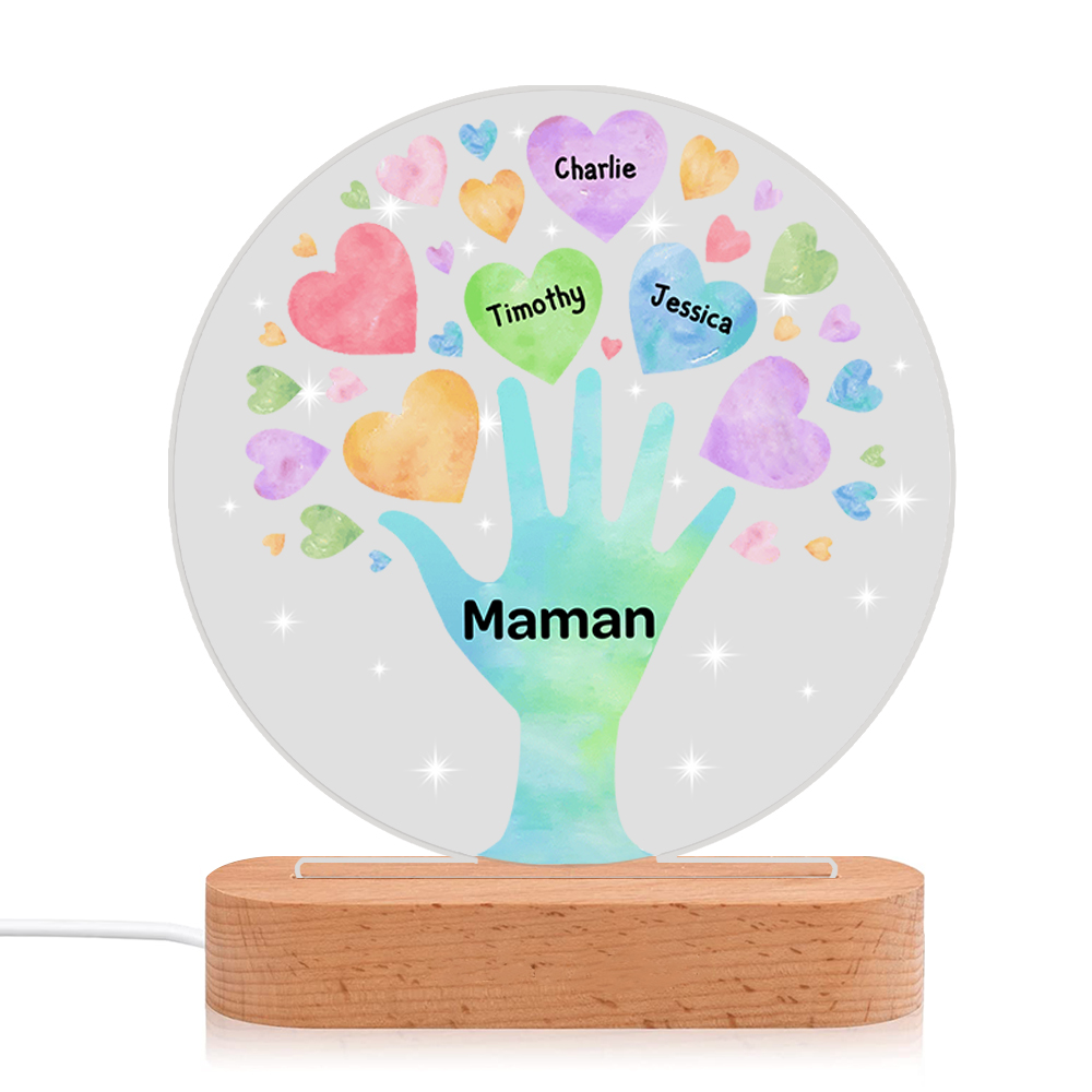 À Maman/Mamie - Lampe de chevet LED Lumières Cœur 3 Prénoms Personnalisés avec 1 Texte pour Famille
