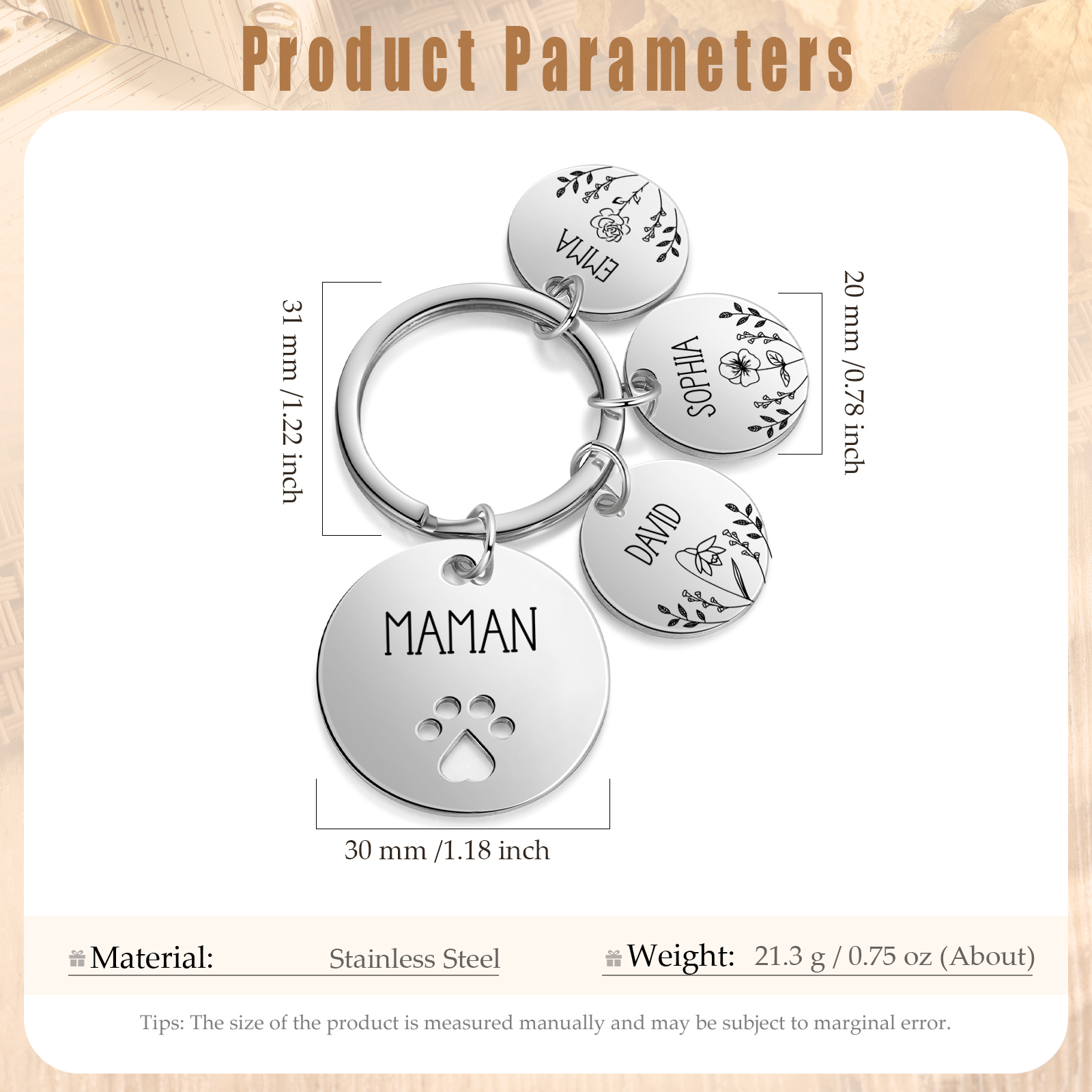 Porte-Clés patte 3 Prénoms et 1 Texte Personnalisés avec Fleur de Naissance