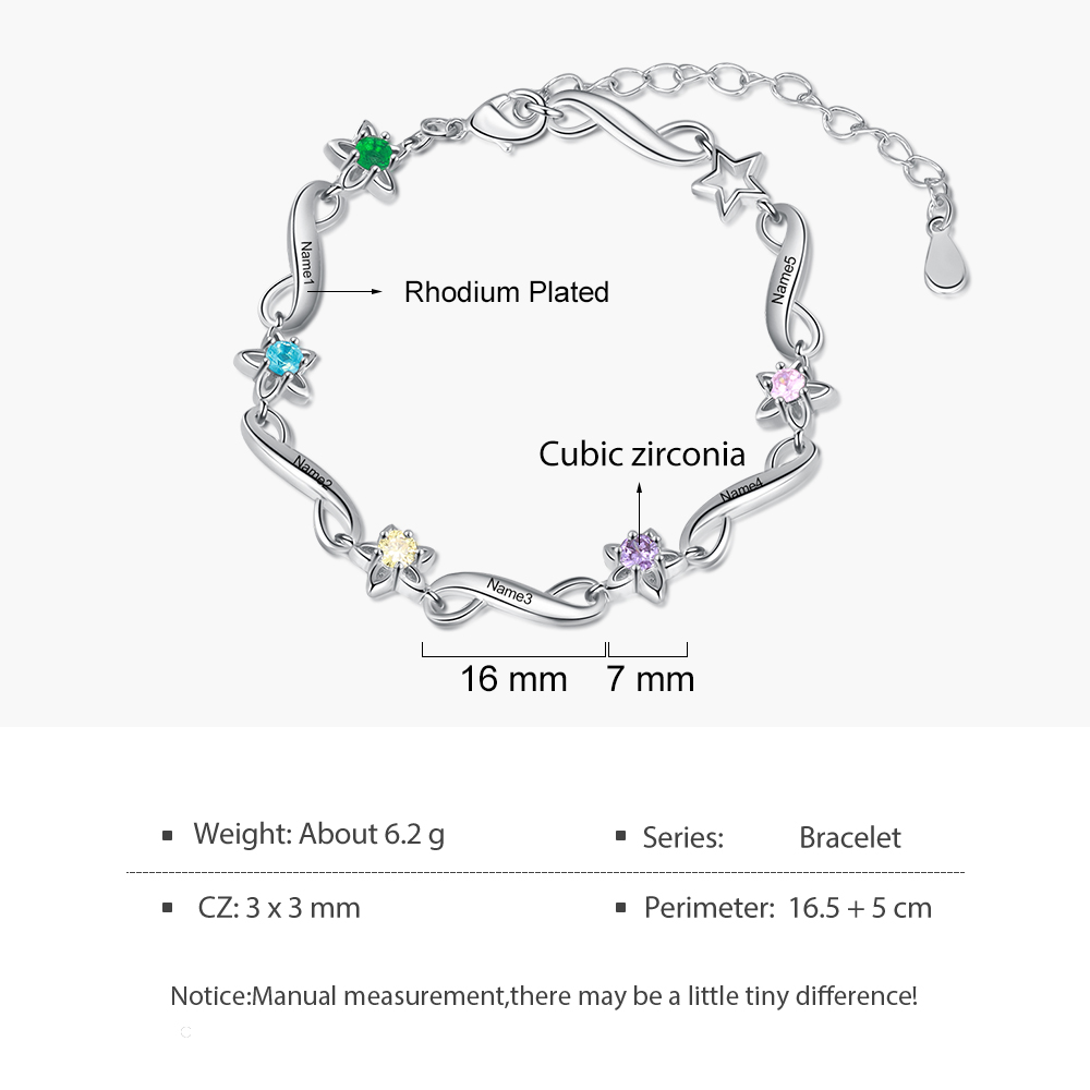 Bracelet infini à Breloque 5 Prénom Personnalisé avec 5 Pierre de Naissance
