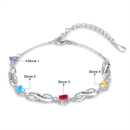 Bracelet infini à Breloque coeurs 4 Prénom Personnalisé avec 4 Pierre de Naissance