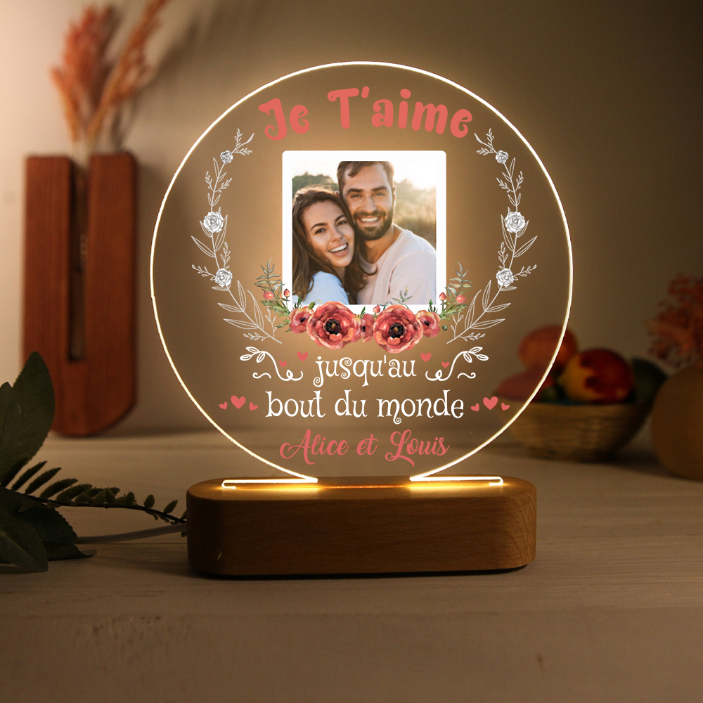 Lampe de chevet Couple LED Lumières 2 Prénoms et 1 Photo Personnalisés