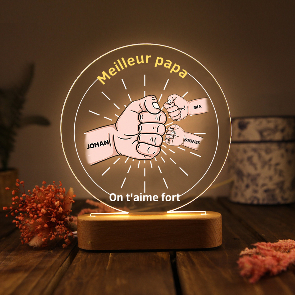 À Papa/Papi - Lampe de chevet LED Lumières Poings 3 Prénoms et 2 Textes Personnalisés pour Famille