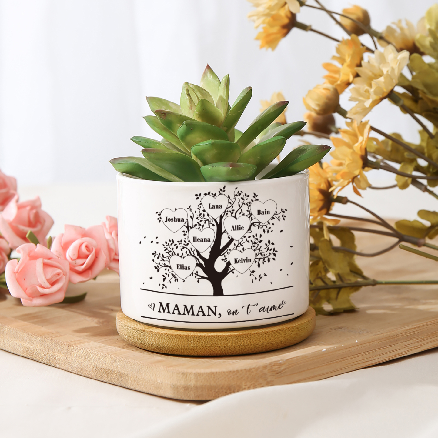 Vase/Pot de Fleurs Arbre de vie 7 Prénoms Personnalisés avec Texte Décoration de la Maison (sans plantes)