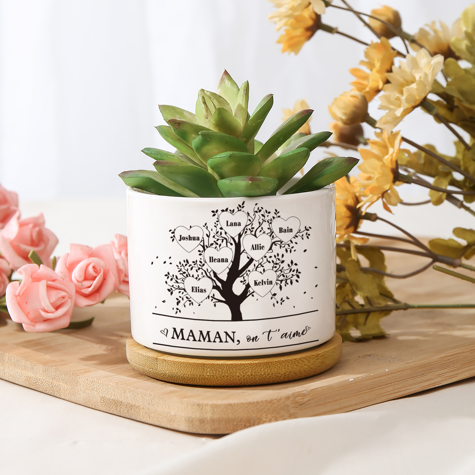 Vase/Pot de Fleurs Arbre de vie 7 Prénoms Personnalisés avec Texte Décoration de la Maison (sans plantes)