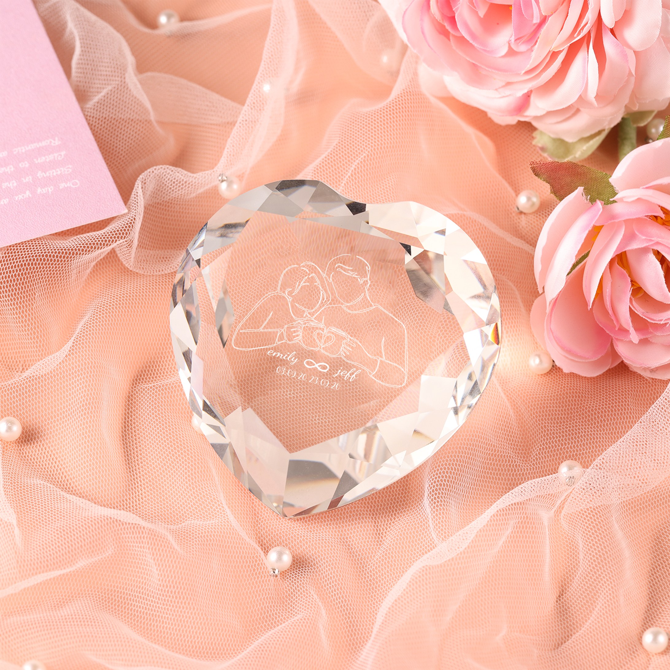Décoration Cristal Cœur 2 Prénoms Personnalisés avec Date pour Couple