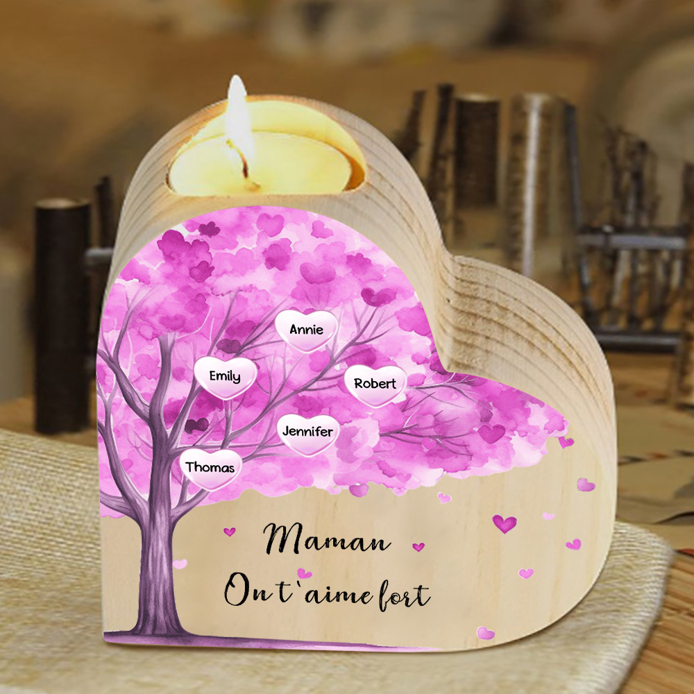 À Ma Maman/Mamie - Bougeoir en Bois Arbre 5 Prénoms et 1 Texte Personnalisés pour Famille sans bougie