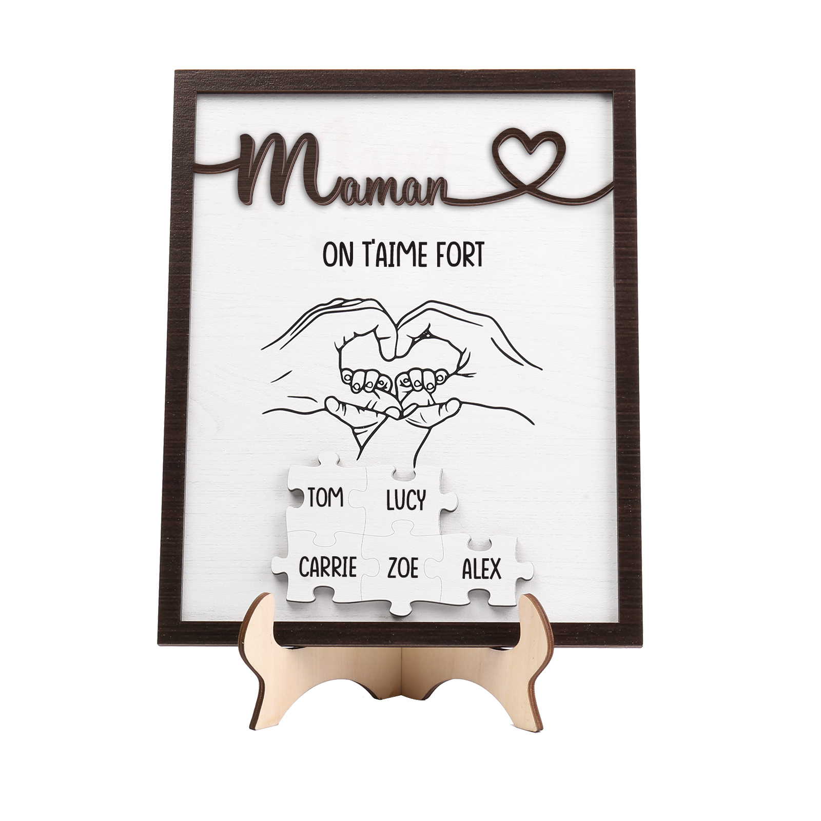 À Maman - Décoration en bois Mains et Puzzles 5 Prénoms et 1 Texte Personnalisés Ornement Famille