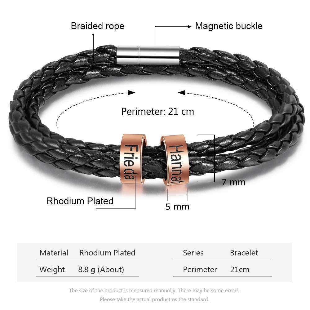 Bracelet Cuir tressé Prénom Personnalisé Bracelet Homme Avec 2 Perles