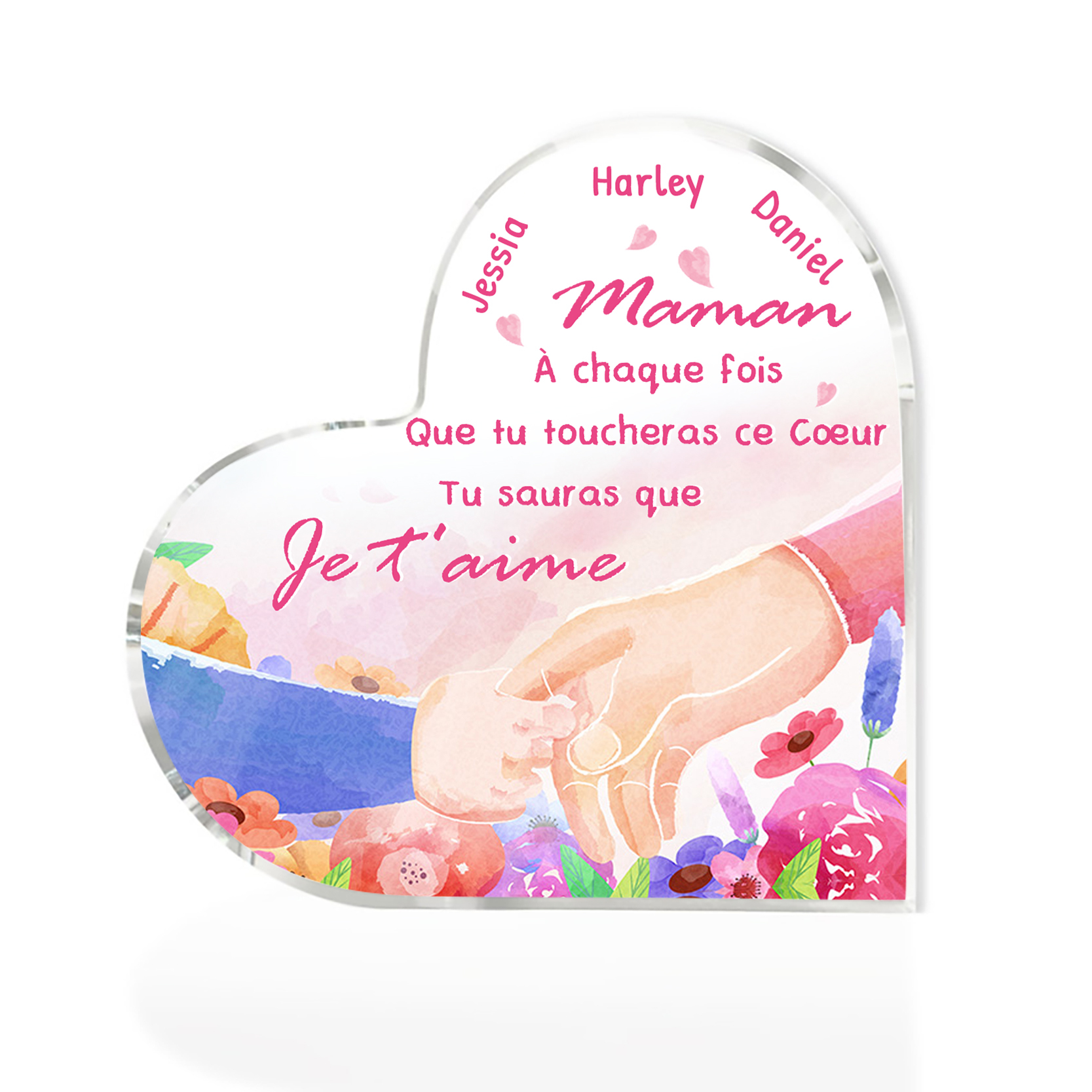 À ma Maman - Plaque Acrylique en Forme de Cœur 3 Prénoms Personnalisés la Mian dans la Main