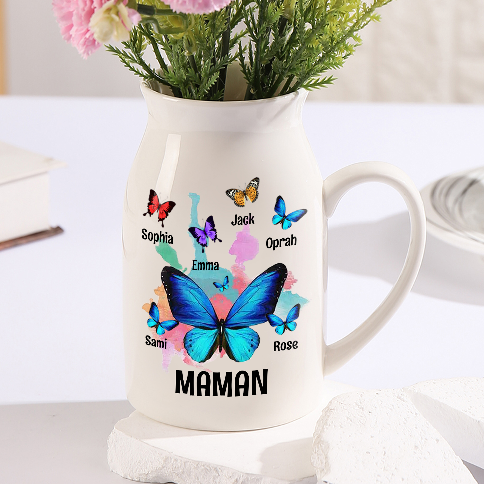 Vase à Fleurs Papillons 6 Prénoms Personnalisés avec Texte Décoration de la Maison
