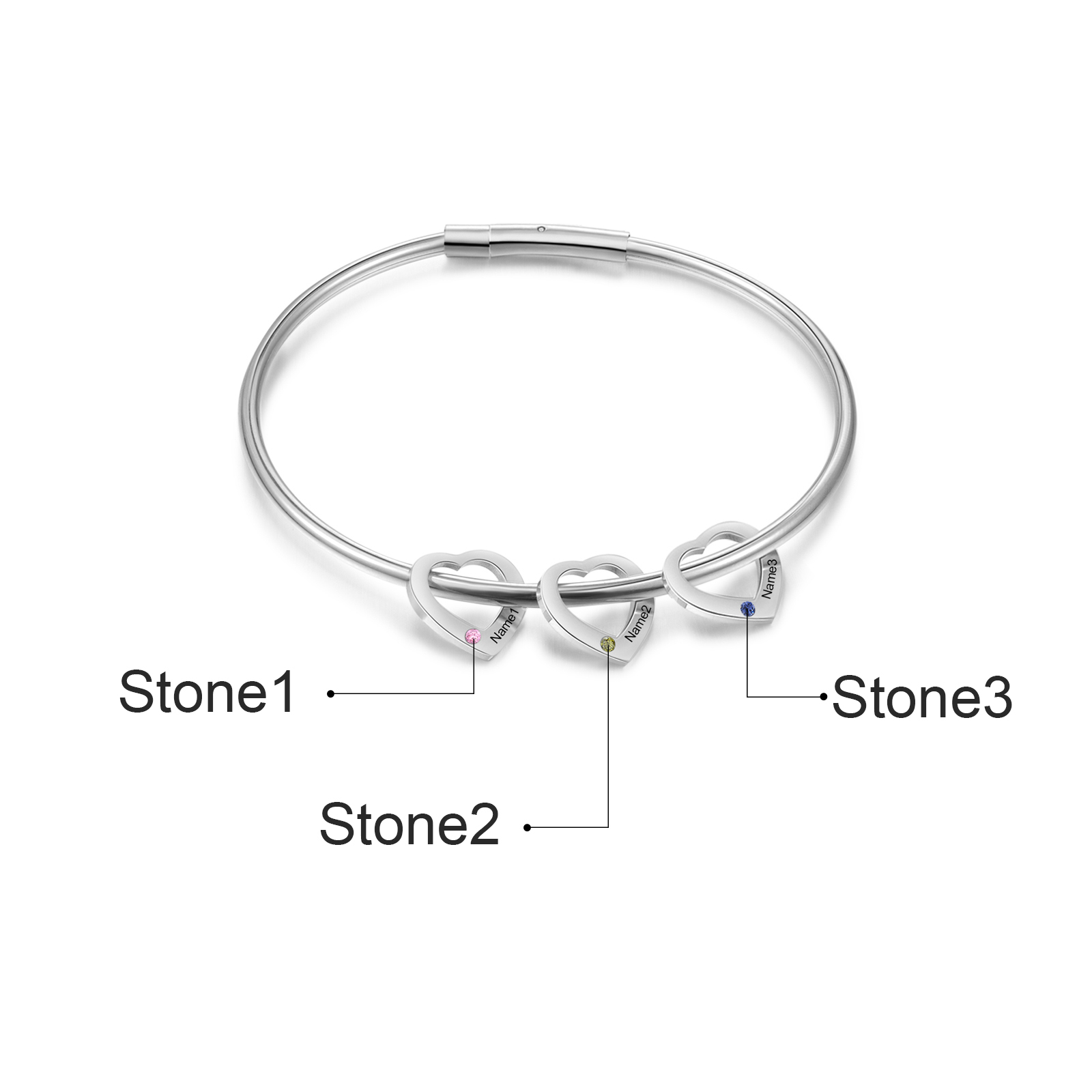 Bracelet jonc 3 Prénoms Personnalisés avec 3 Pierres de Naissance