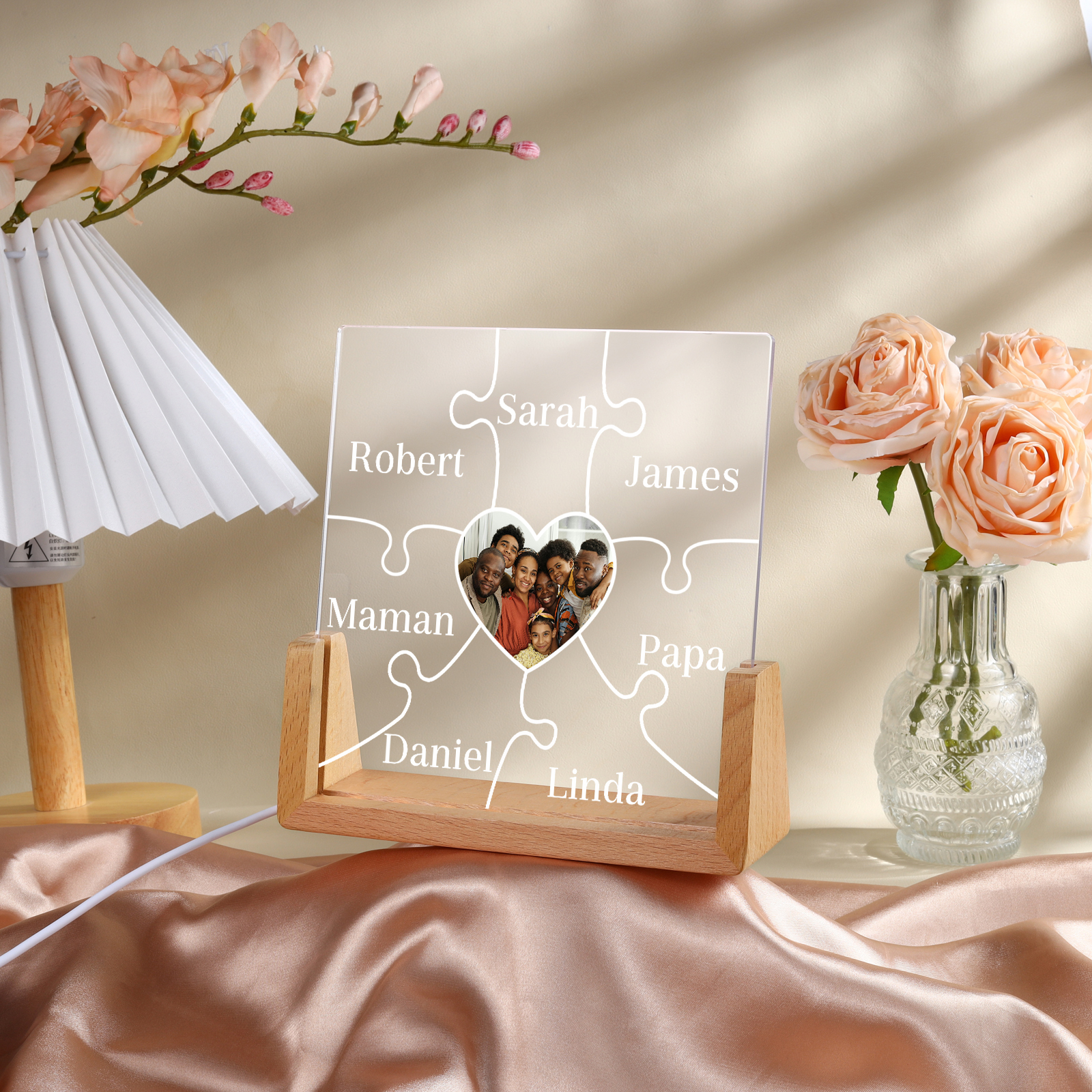 Lampe de chevet LED Puzzles 7 Prénoms Personnalisés avec Photo pour Famille