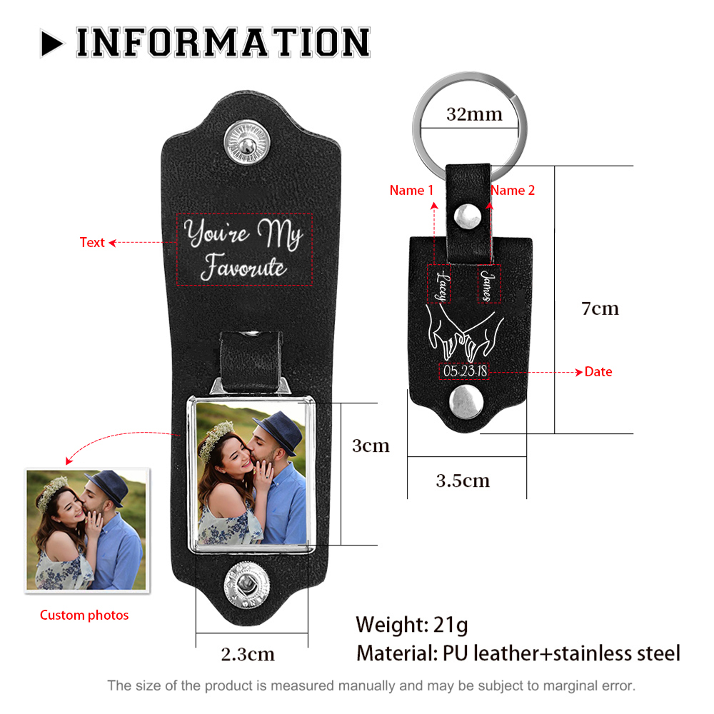 Porte-Clés Cuir 2 Prénoms et 1 Photo Personnalisés avec Date et Texte pour Couple | Jessemade