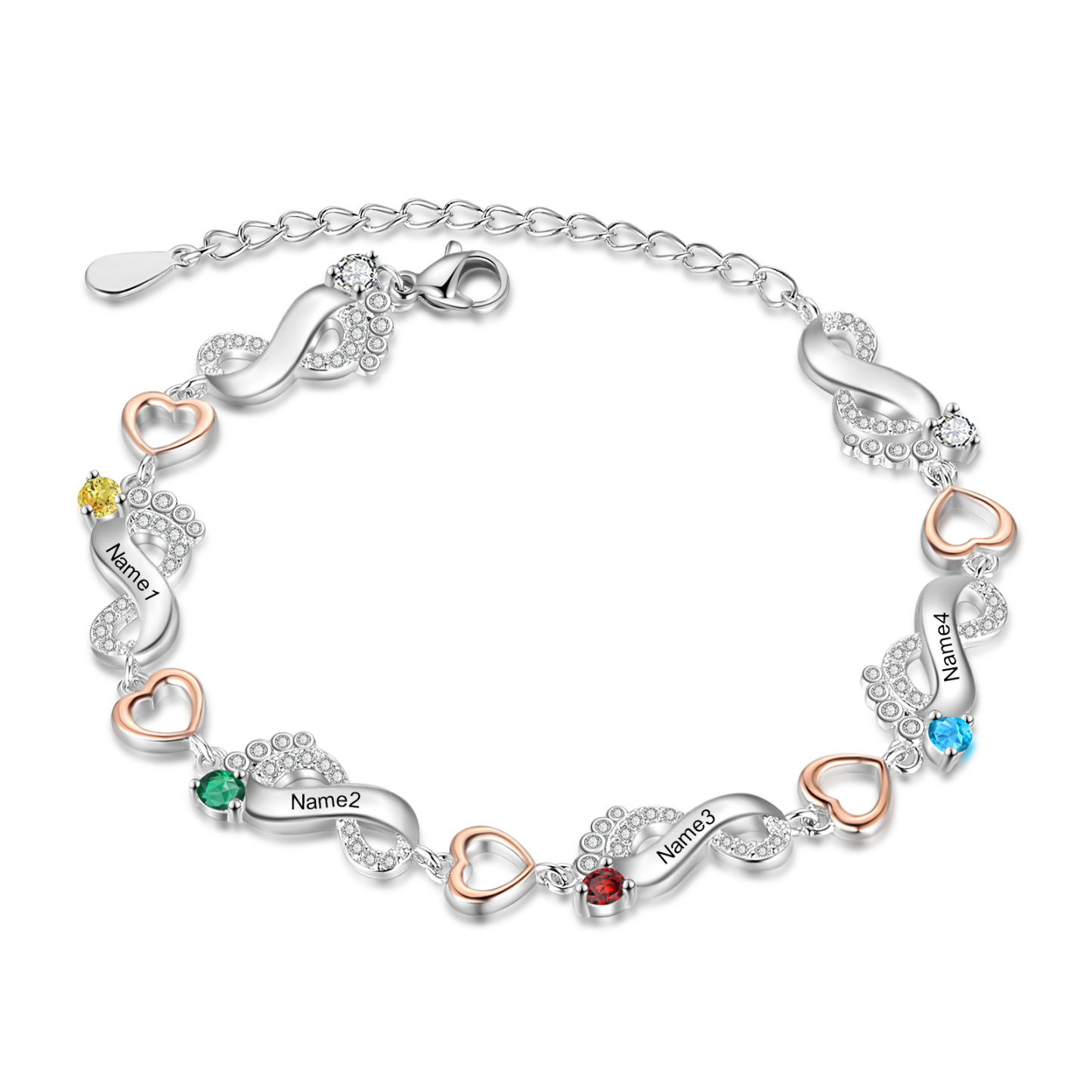 Bracelet Pied bébé et Cœur Personnalisé avec ' Prénoms et Pierres de naissance Bracelet pour Femme | Jessemade