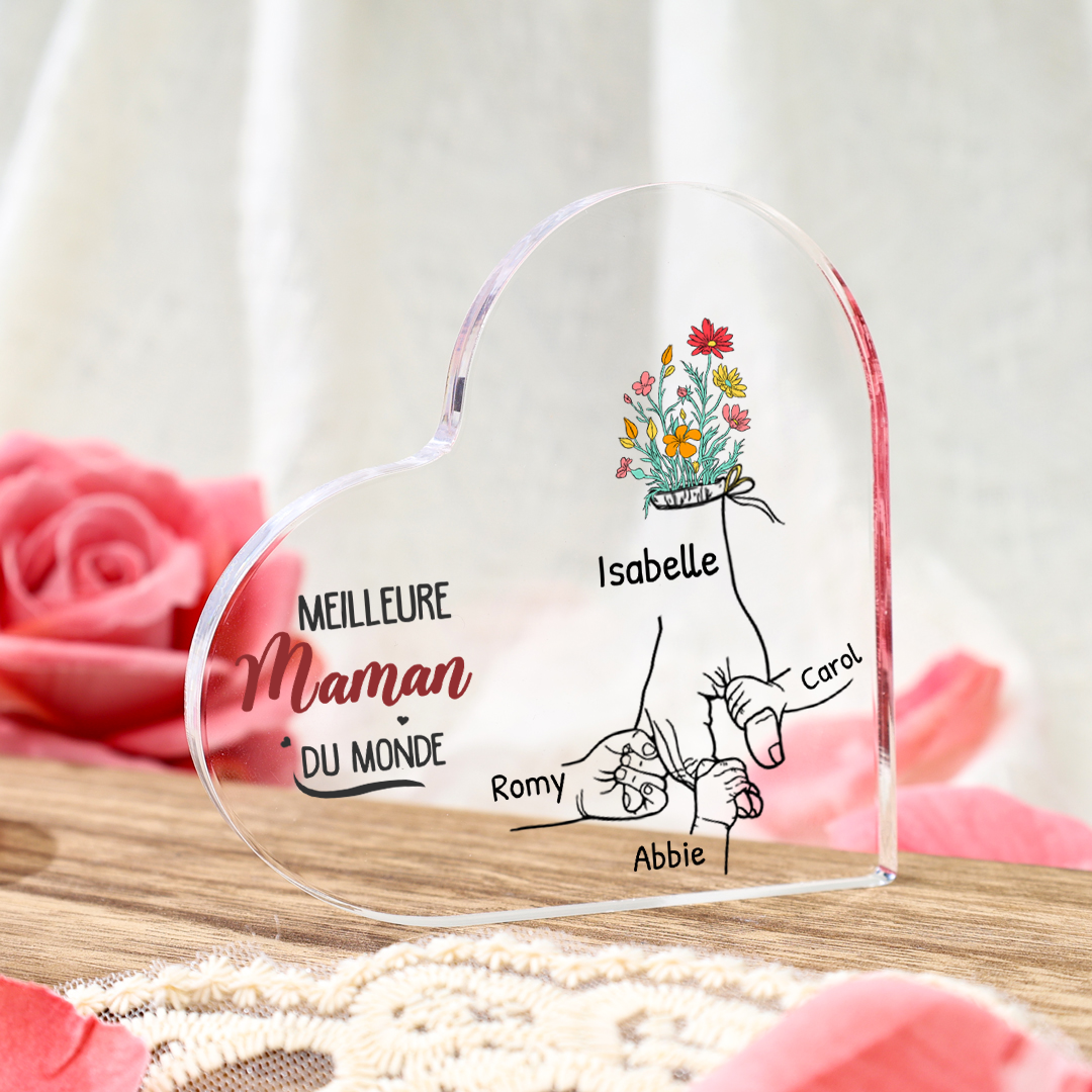 À ma Maman - Plaque Acrylique en Forme de Cœur 2-7 Prénoms Personnalisés Décoration la main dans la main