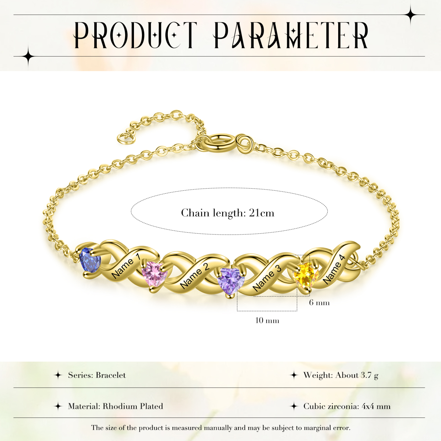 Bracelet à Breloque 4 Prénoms Personnalisé avec 4 Pierres de Naissance