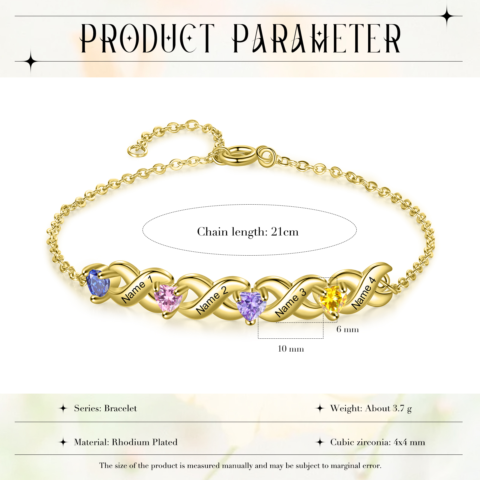 Bracelet à Breloque 4 Prénoms Personnalisé avec 4 Pierres de Naissance