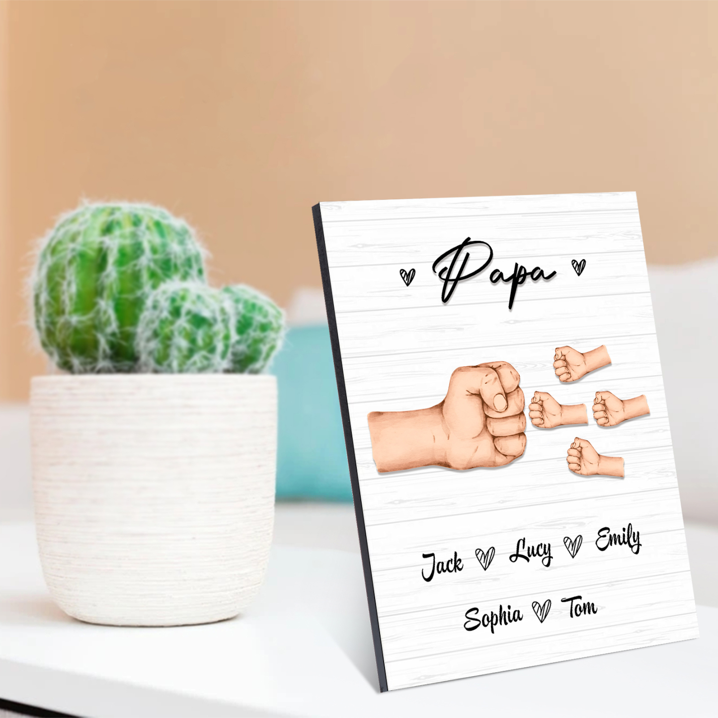 À Mon Papa/Papi-Cadre en Bois Poings 5 Prénoms Personnalisés avec Texte