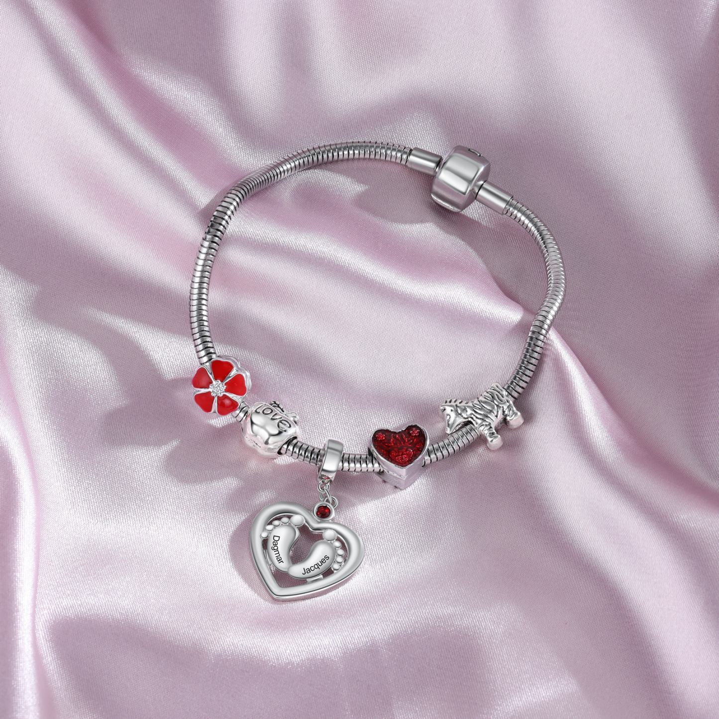 Charm 2 Prénom Personnalisé Pendentif En forme de Cœur pied bebe avec 1 Pierre de Naissance pour Bracelet