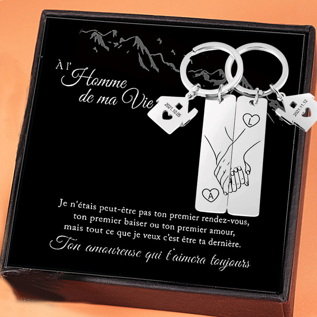 À Mon Homme - Porte-Clés la main dans la main 2 lettres Personnalisé avec 2 dates