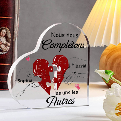 Plaque Acrylique en Forme de Cœur 2 Prénoms Personnalisés pour Couple