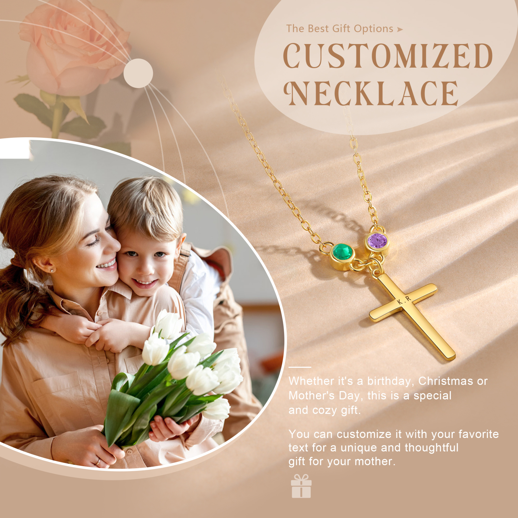Collier Croix 2 Pierres de Naissance Personnalisés avec Texte Collier pour Femmes
