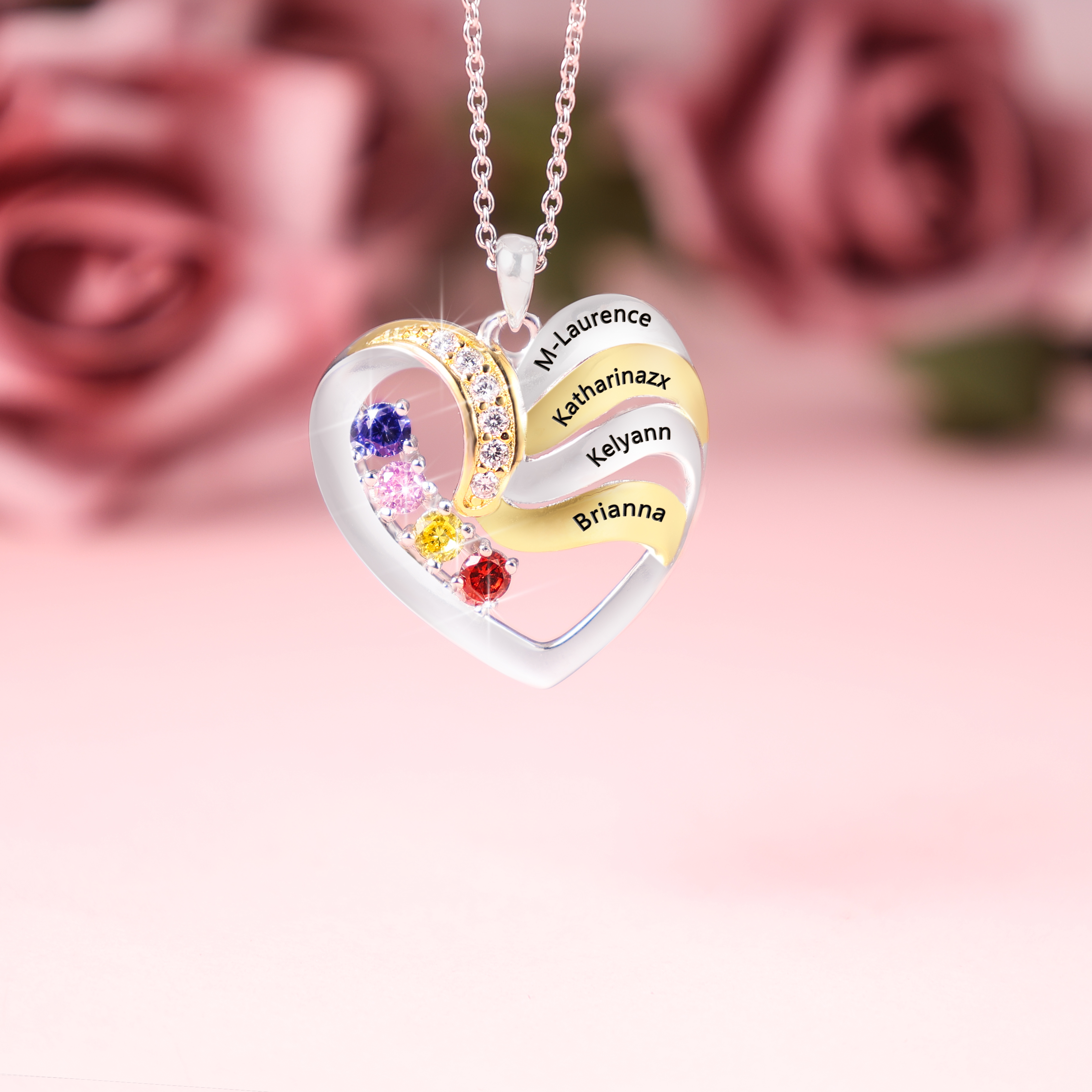 Collier Cœur 3 Prénoms Personnalisé avec 3 pierres de naissance | Jessemade