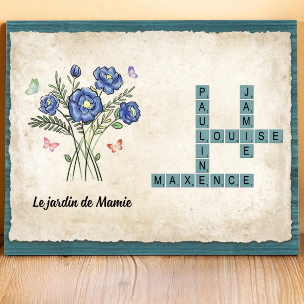 À Mamie - Cadre en Bois grille de mots croisés 1-7 Prénoms Personnalisés Jardin de Mamie Cadeau Pour Grand-Mère | Jessemade