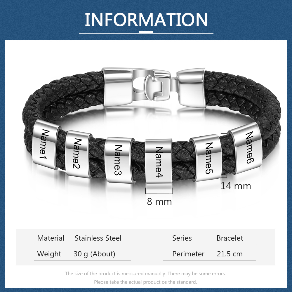 Bracelet Cuir tressé 6 Perles Prénom Personnalisé Homme
