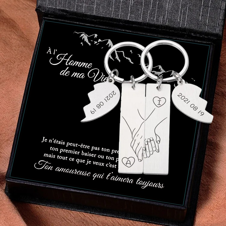 Porte-Clés la main dans la main 2 lettre Personnalisé avec date