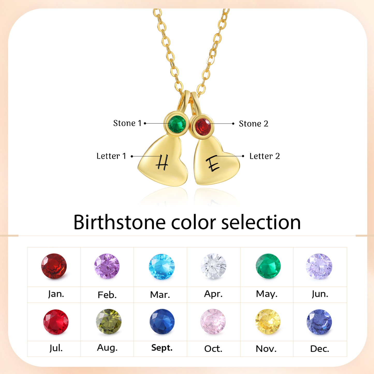 Collier Pendentif Cœur 2 Lettres Personnalisées avec Pierre de naissance pour Femmes
