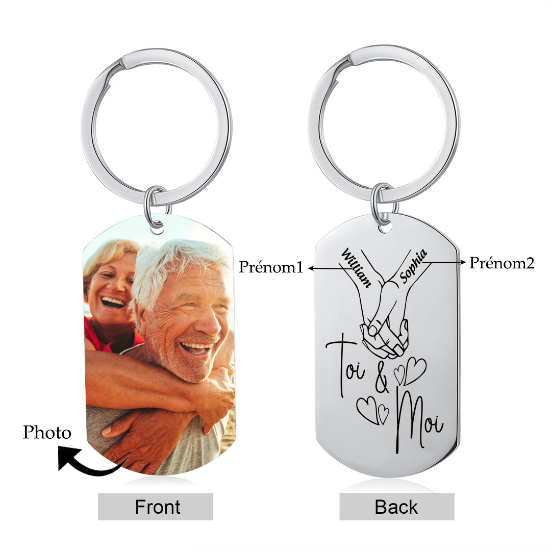 Porte-Clés 2 Prénoms et 1 Photo Personnalisés pour Couple