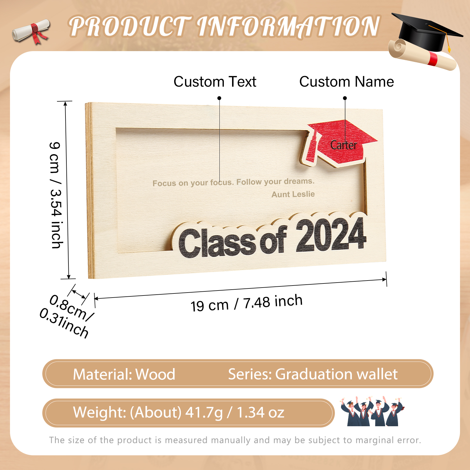 Porte-Cartes Diplômé en bois Prénom et Texte Personnalisés Cadeau de Graduation