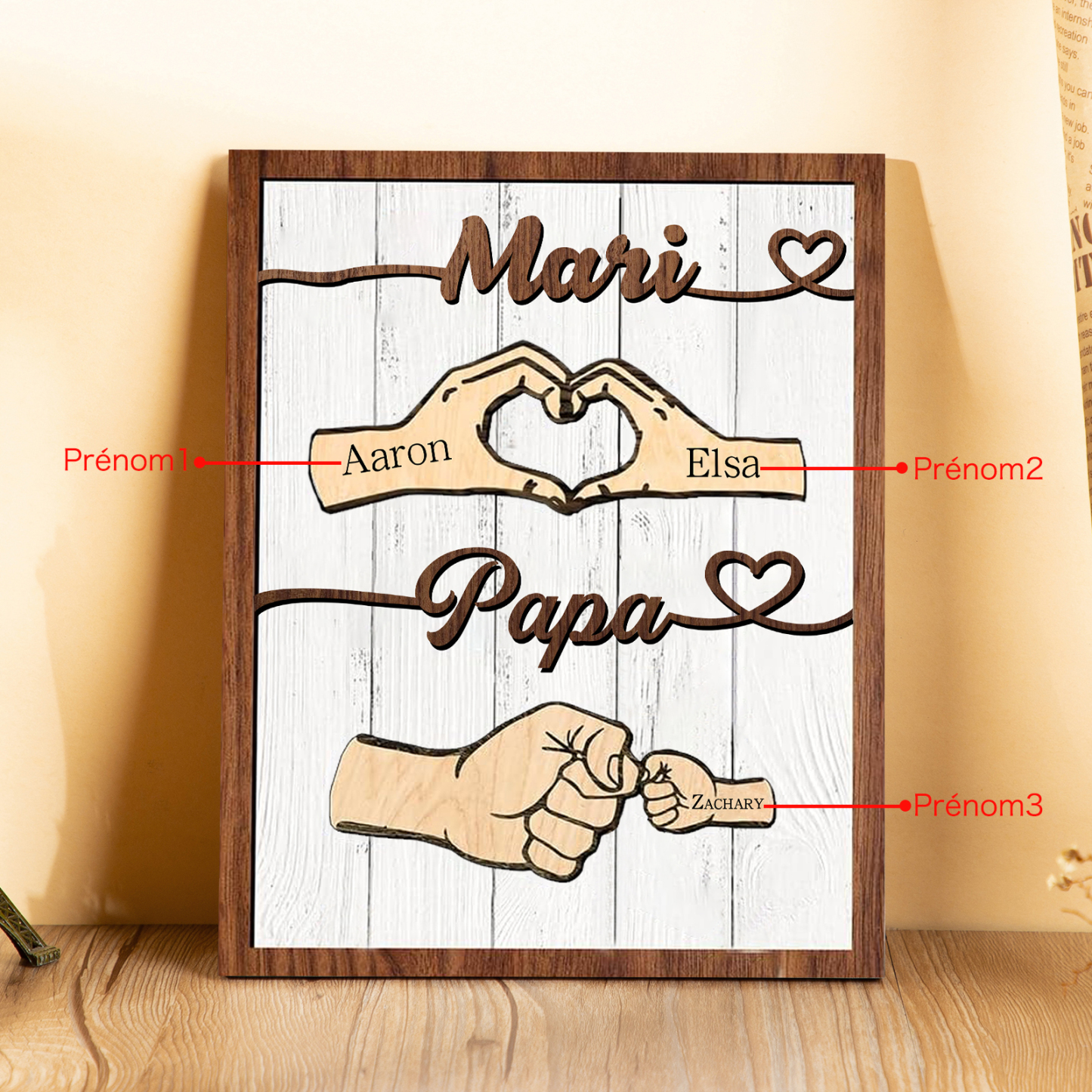 À mon Papa/Mari-Cadre en Bois Mains et Poings 3 Prénoms Personnalisés