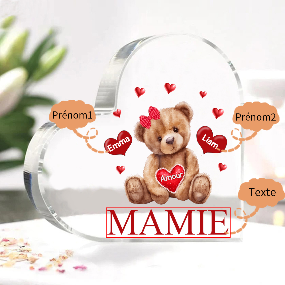 À ma Maman/Mamie - Plaque Acrylique Ours en Forme de Cœur 2 Prénoms Personnalisés avec 1 Texte