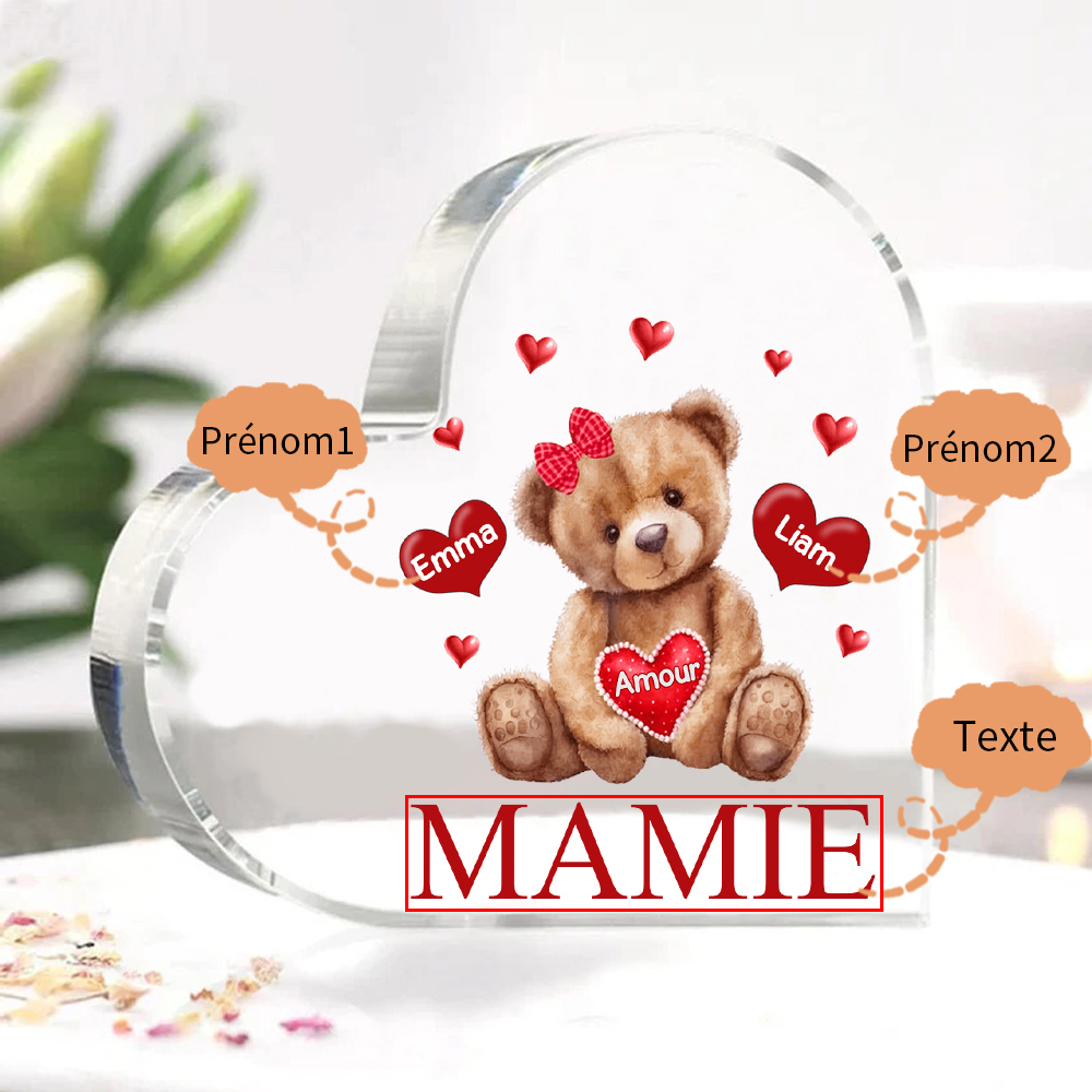 À ma Maman/Mamie - Plaque Acrylique Ours en Forme de Cœur 2 Prénoms Personnalisés avec 1 Texte