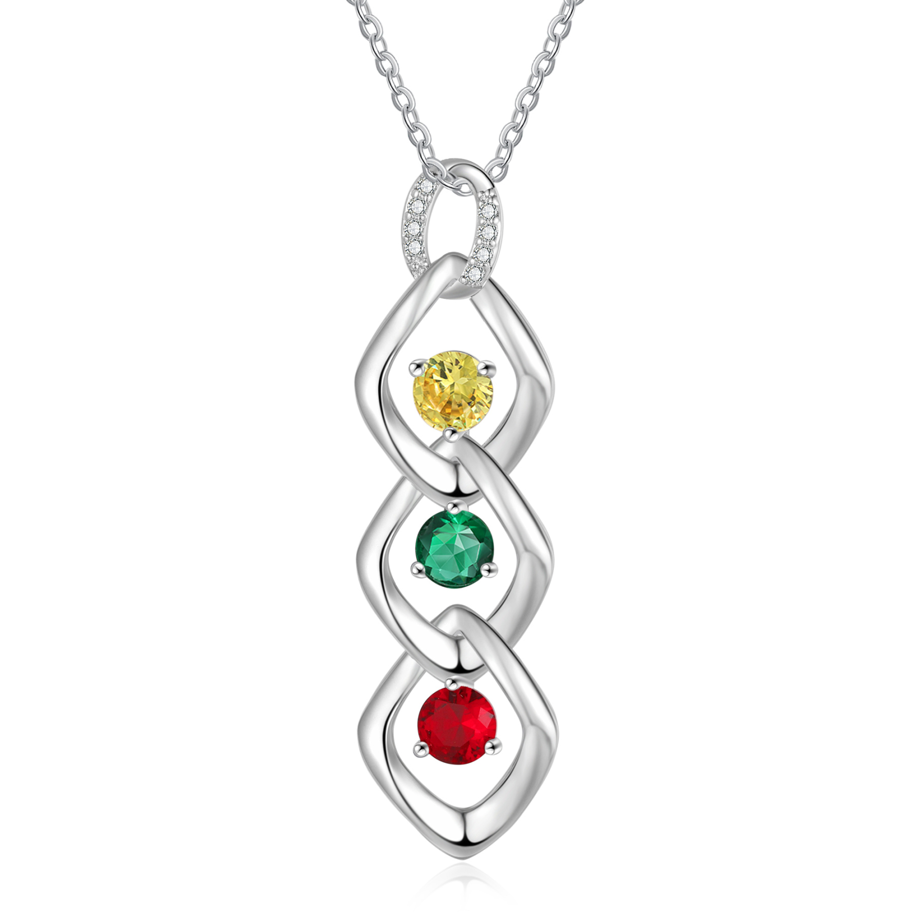 Collier Pendentif 3 Prénoms Personnalisés avec Pierre de naissance pour Femmes