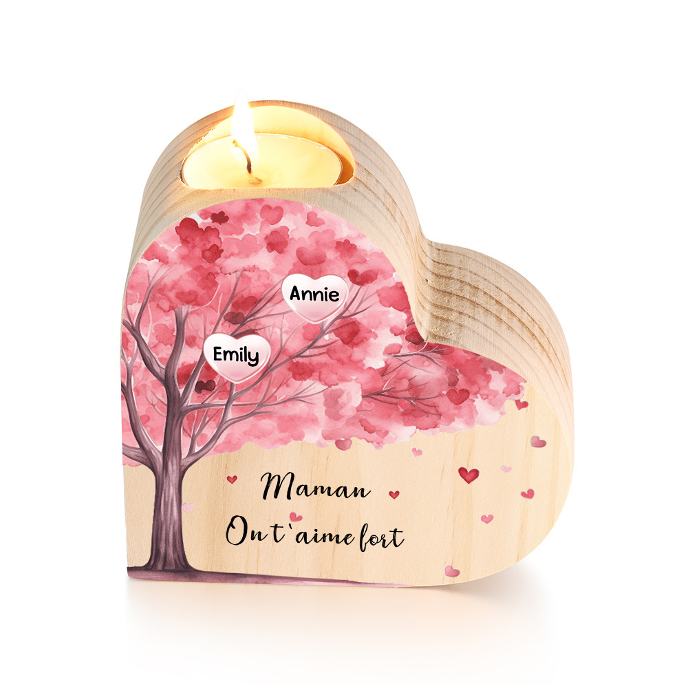 À Ma Maman/Mamie - Bougeoir en Bois Arbre 2 Prénoms et 1 Texte Personnalisés pour Famille sans bougie